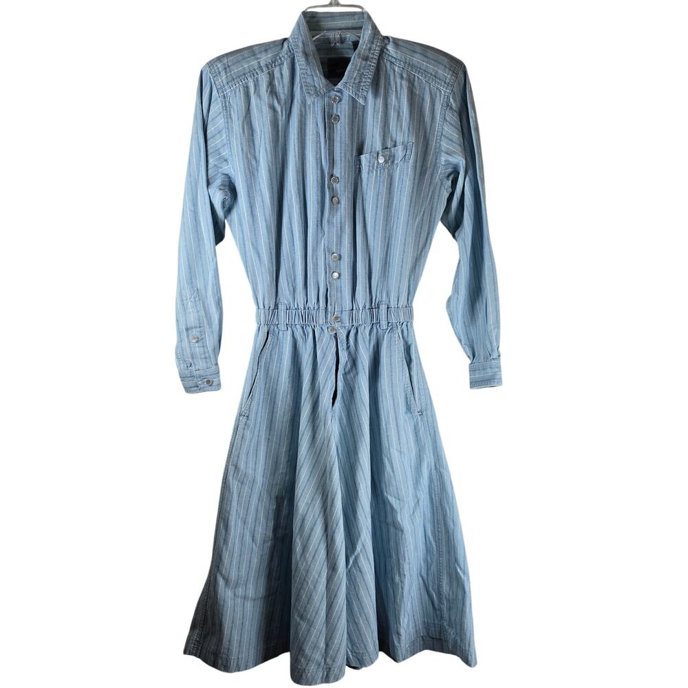 VTG Lizwear Petite Denim Dress Womens P Pinstripe Blue Cotton Long Sleeve Midi